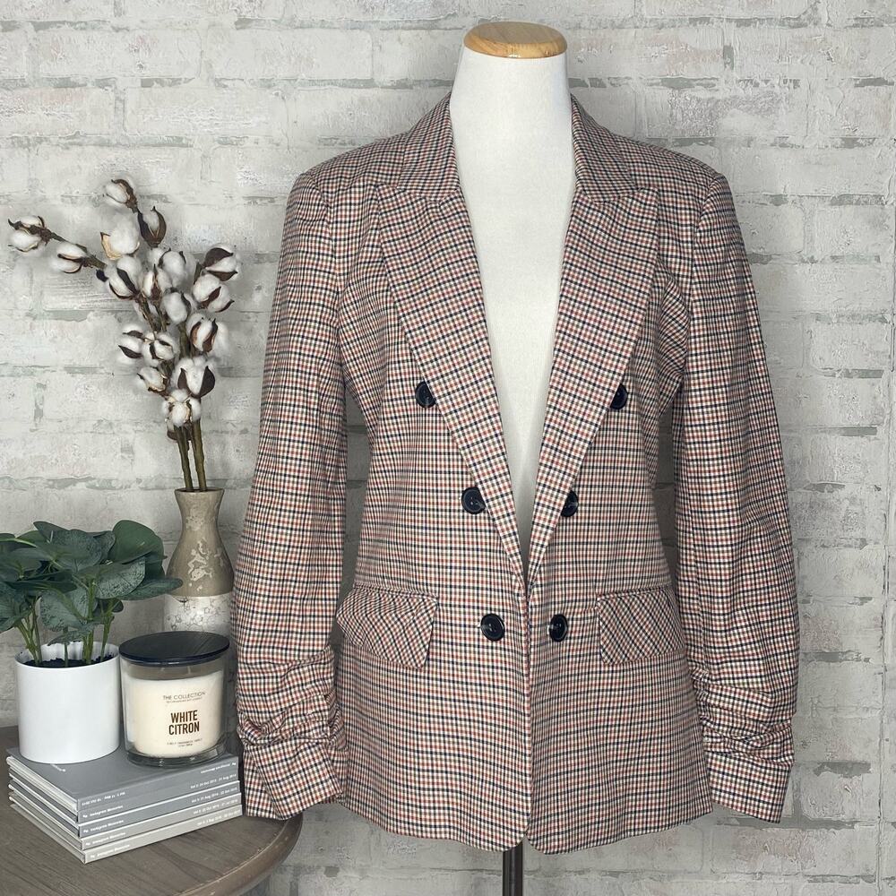 1. State | Blue & Orange Ruched Sleeve Open Front Blazer